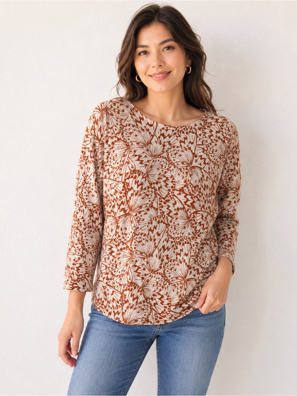 J. Jill cotton viscose blend Cream Long-Sleeve Top with‎ Brown Botanical Print M